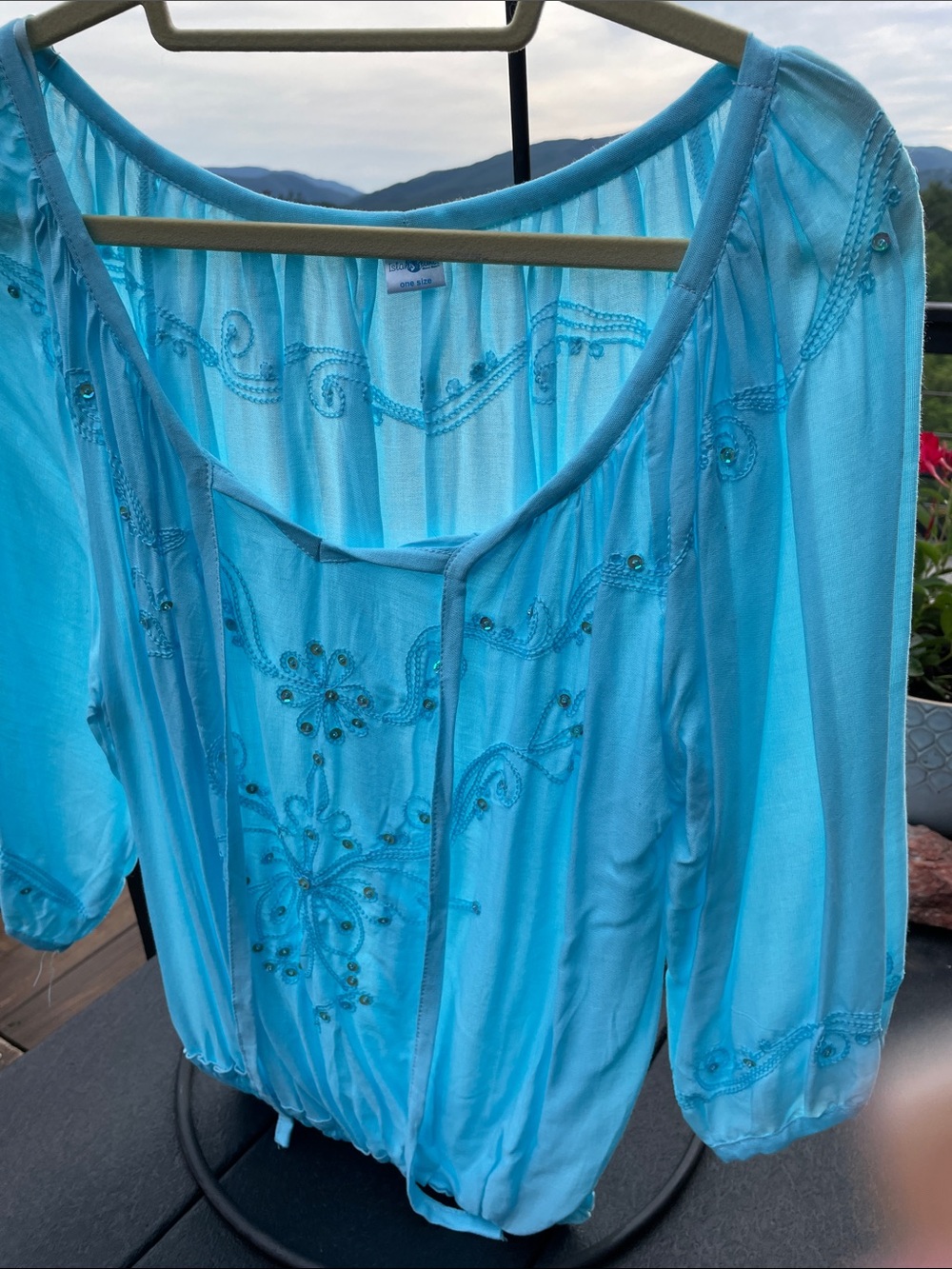 Beaded Light Blue Peasant Blouse - Unbranded
